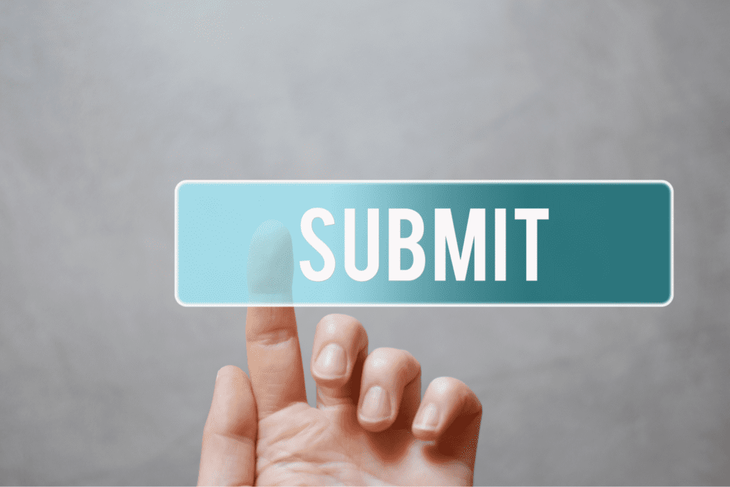 Lead follow-up best practices illustrated by a hand pressing a website form submit button