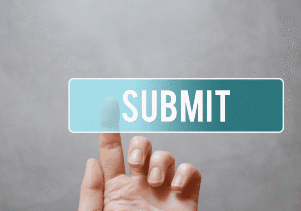 Lead follow-up best practices illustrated by a hand pressing a website form submit button